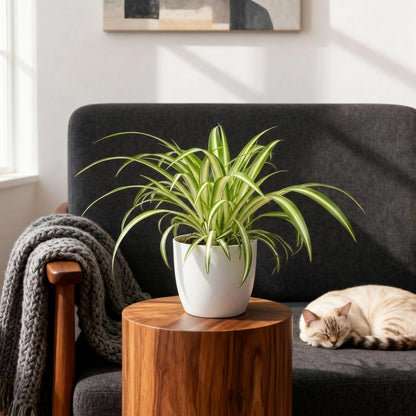 Kamerplant - Chlorophytum comosum Variegatum - Bonte Graslelie - Huisdiervriendelijke Plant - Groen - 4 Planten - met Potter Wit - Pot 12cm - Hoogte 20cm
