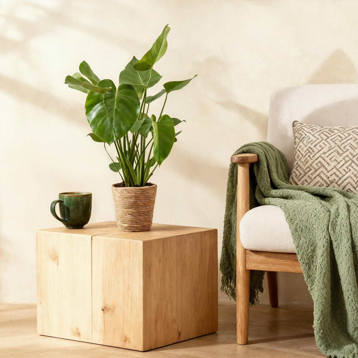 Green is... Kamerplanten - Monstera Deliciosa - Gatenplant - Weinig onderhoud - met mand - Groen - 1 Plant - Pot 21cm - Hoogte 70-80cm