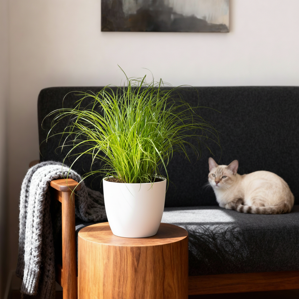 Kamerplant - Cyperus alternifolius Zumula - Kattengras - Huisdiervriendelijke Plant - Groen - 4 Planten - met Potter Wit - Pot 12cm - Hoogte 20cm