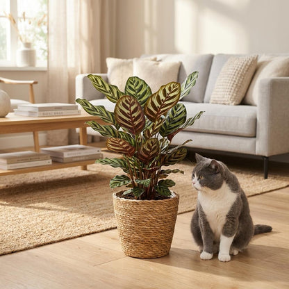 Kamerplant - Pauwenplant - Calathea Makoyana - Groen - Weinig onderhoud - 1 Plant - met Mand - Pot 19cm - Hoogte 70cm