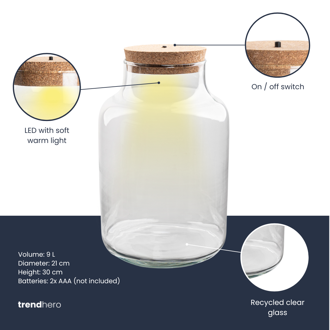 Terrarium fles met verlichting - Milky - Ø 21 cm ↑ 30 cm
